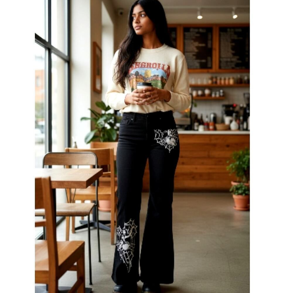 Shein Black Spiderweb Stretch Black Ankle Flared Pants - Women's Size 6